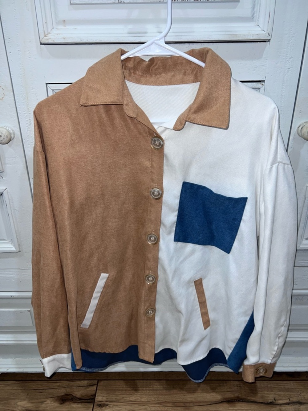 SHEIN White and Navy Colorblock Shacket